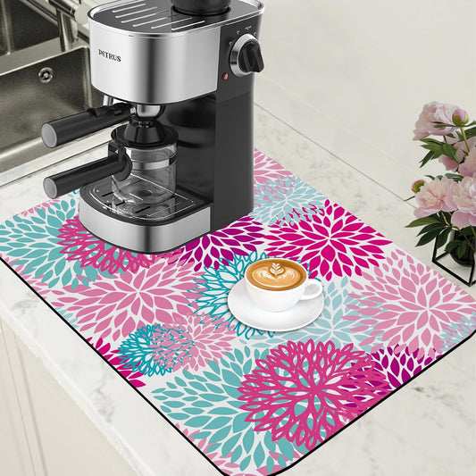 Pink Blue Chrysanthemum Flowers Dish Drying Mat for Kitchen Counter Coffee Bar Mat Hide Stain Absorbent Rubber Backed Drying Rack Pad Espresso Machine Coffee Bar Accessories 15.7 x 23.6 Inch