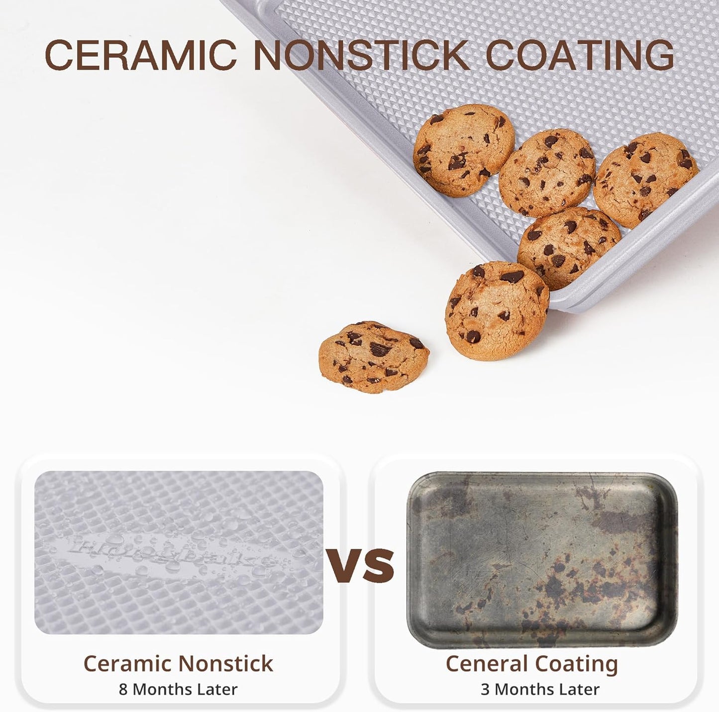 HONGBAKE 3 Pack Nonstick Ceramic Baking Sheet Pan Set for Oven, Non-Toxic Half/Quarter/Jelly Roll Pans with Diamond Texture, Heavy Duty 0.8mm Aluminized Steel Cookie Trays for Cooking, Light Grey