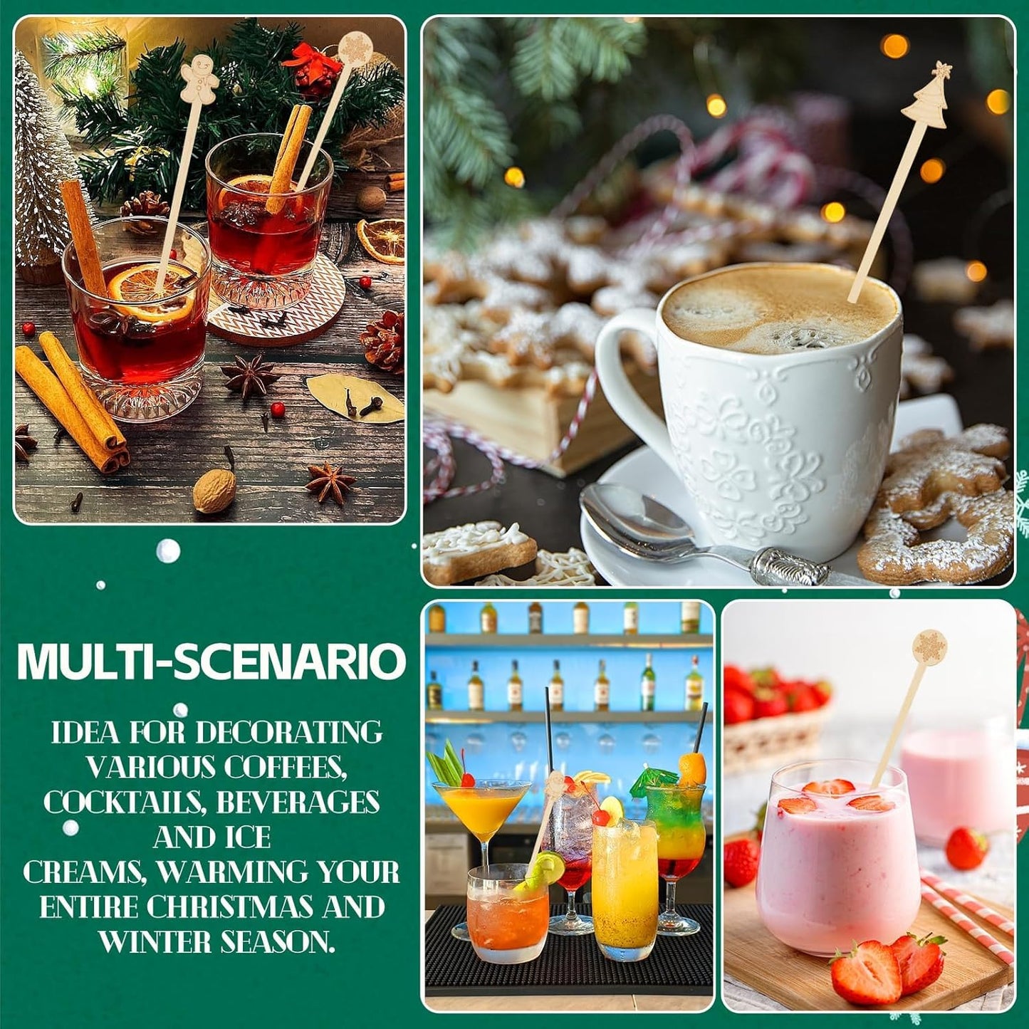 60 PCS Christmas Bamboo Coffee Blender 7 Inch Bamboo Blender Cocktail Blender Biodegradable Disposable Drink Mixer for Christmas Office Milk Cocktail Tea Party Supplies (50)