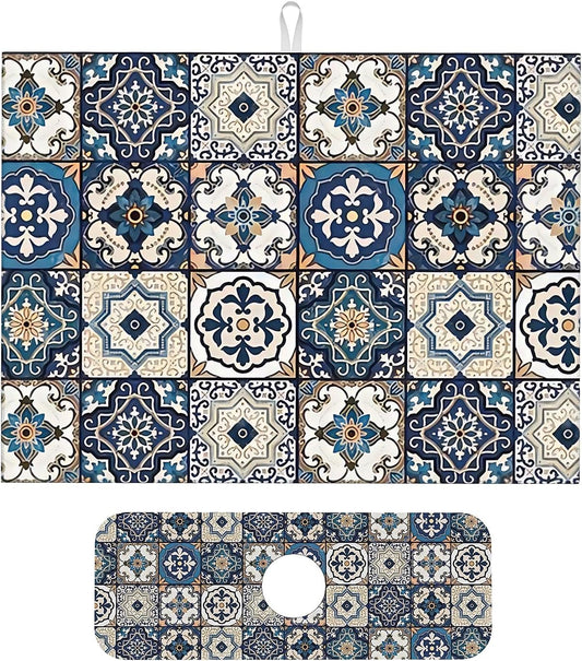 2Pcs Dish Drying Mats Faucet Mats Sets Large Size Coffee Mats Sink Faucet Mat Splash Guard for Kitchen Counter Bathroom Sink Coffee Bar Kitchen Decor (Blue Boho, 18"x24" 15" x 5.5"Set)