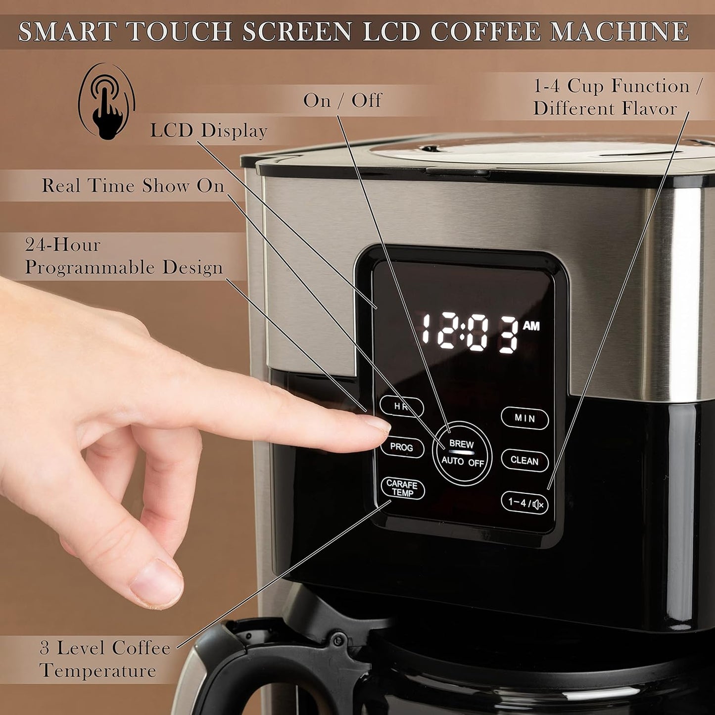 Mixpresso 12-Cup Drip Coffee Maker With Lcd Touch Display, Programmable Coffee Pot Machine, Borosilicate Glass Carafe, Anti-Drip System, Stainless Steel & Black Electric Coffee Maker