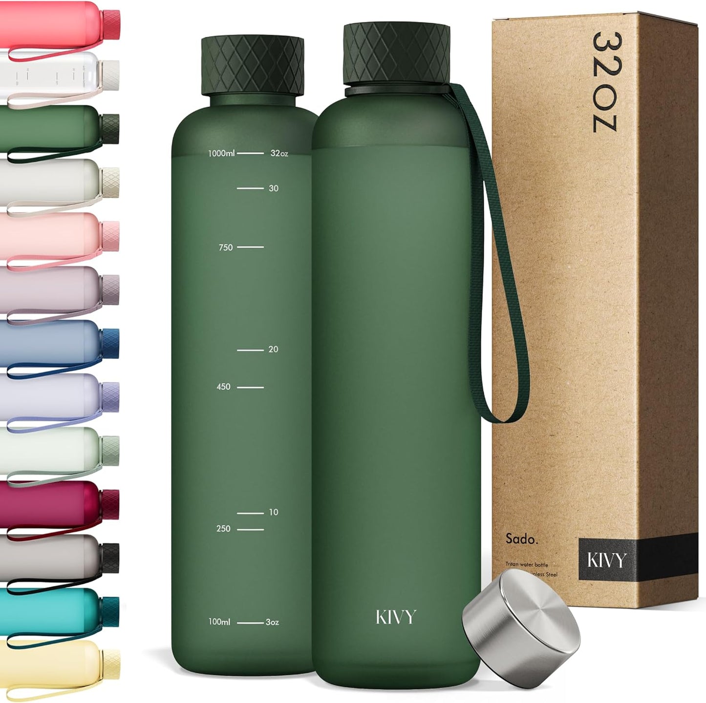 KIVY Slim Water Bottle 32oz [Lightweight & Shatterproof] Fits Backpack & Cupholder for Travel, Sports, School, Gym - Dark green water bottle no straw - Gym water bottle screw top - Dishwasher Safe