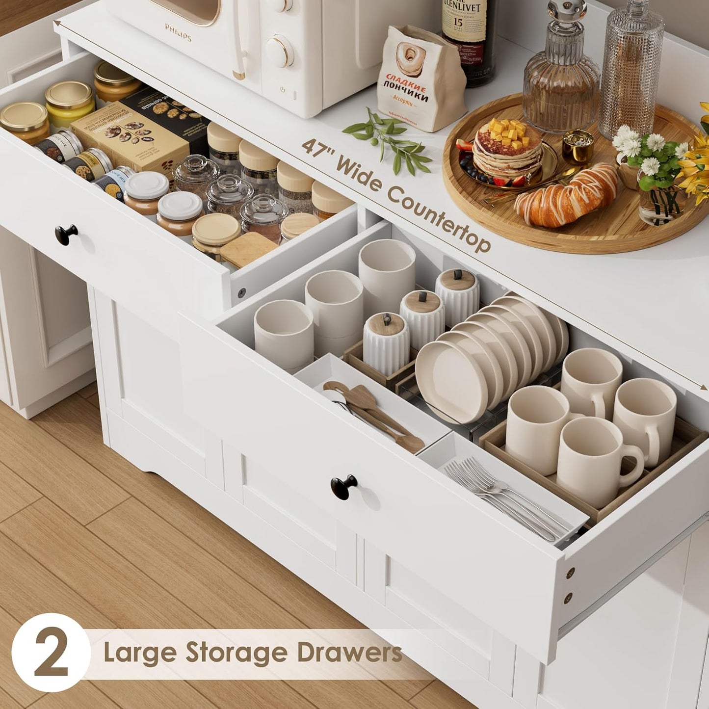 HIFIT 71" LED Kitchen Pantry Cabinet with Power Outlet, Large Kitchen Hutch Storage Cabinet with Arched Door & Shelves & 2 Drawers, Tall Modern Coffee Bar with Hutch for Home Dining Living Room, White