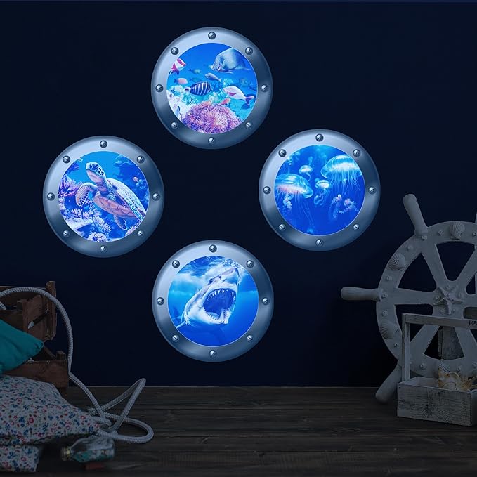 3D Ocean Animals World Wall Stickers Glow in The Dark, 4 Pcs Sharks Turtles Jellyfishs Removable Decals for Kids, Vinyl Stickers for Ceiling (Blue)