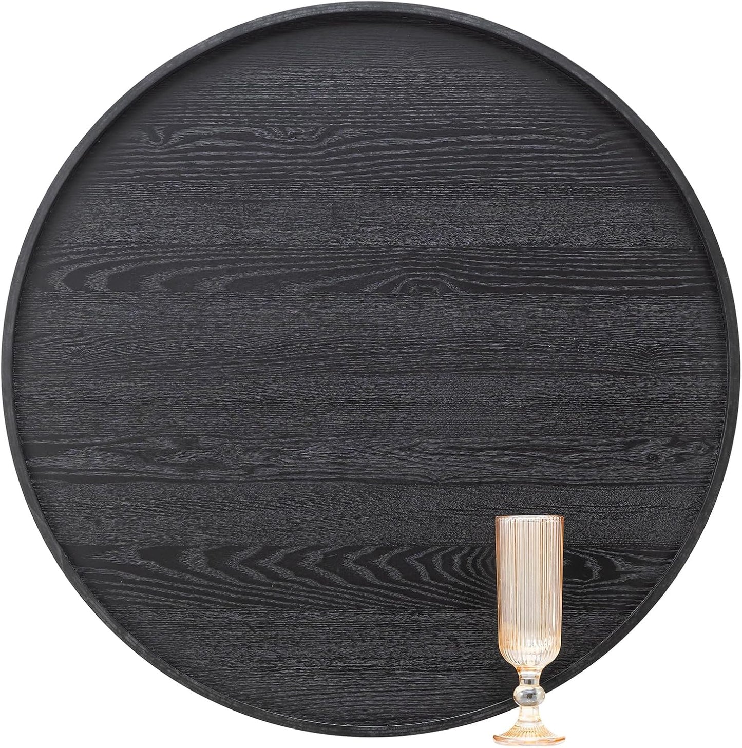 24 inch Round Solid Wood Serving Tray Extra Large Tea Coffee Snack Food Meals Serving Plate Non-Slip Kitchen Party Bar Server Ottoman Tray Breakfast Tray with Raised Edges Black