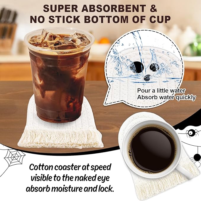 Whaline Halloween Ghost Cotton Coasters Cute White Ghost Shape Handmade Braided Drink Coasters Absorbent Cup Mats for Trick or Treat Party Home Table Decor, Set of 4