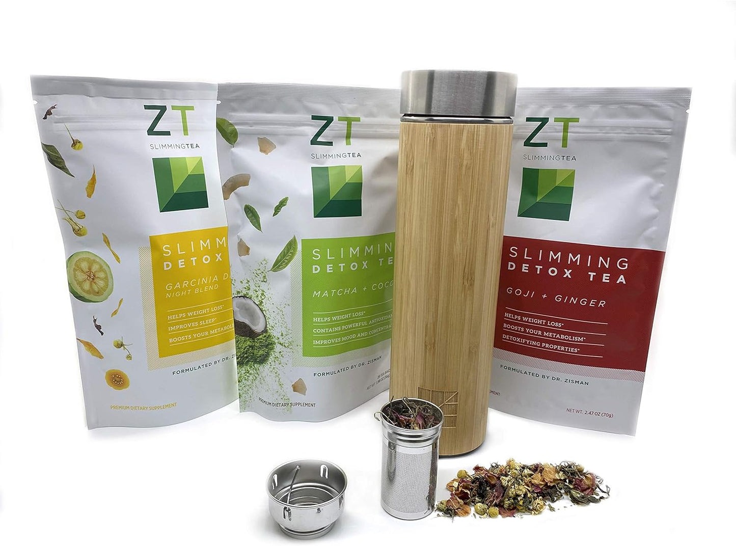 Dr. Zisman ZT Double-Walled Stainless-Steel Tea Infuser Bottle or Travel Mug Cup Container - Leak-Free Insulated Thermos Tumbler for Keeping Hot and Cold Water or Beverages (Bamboo)
