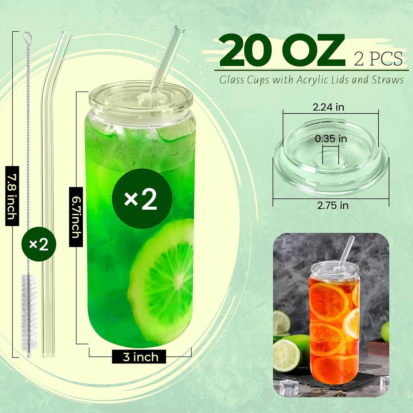 Joyclub 20 oz Glass Cups with Acrylic Lids and Straws 2pcs Can Shaped Glass Iced Coffee Cups with Lids, Drinking Jar Glasses Cute Tumbler Cup Great for Smoothie Soda Boba Tea Cocktail Beer Gift