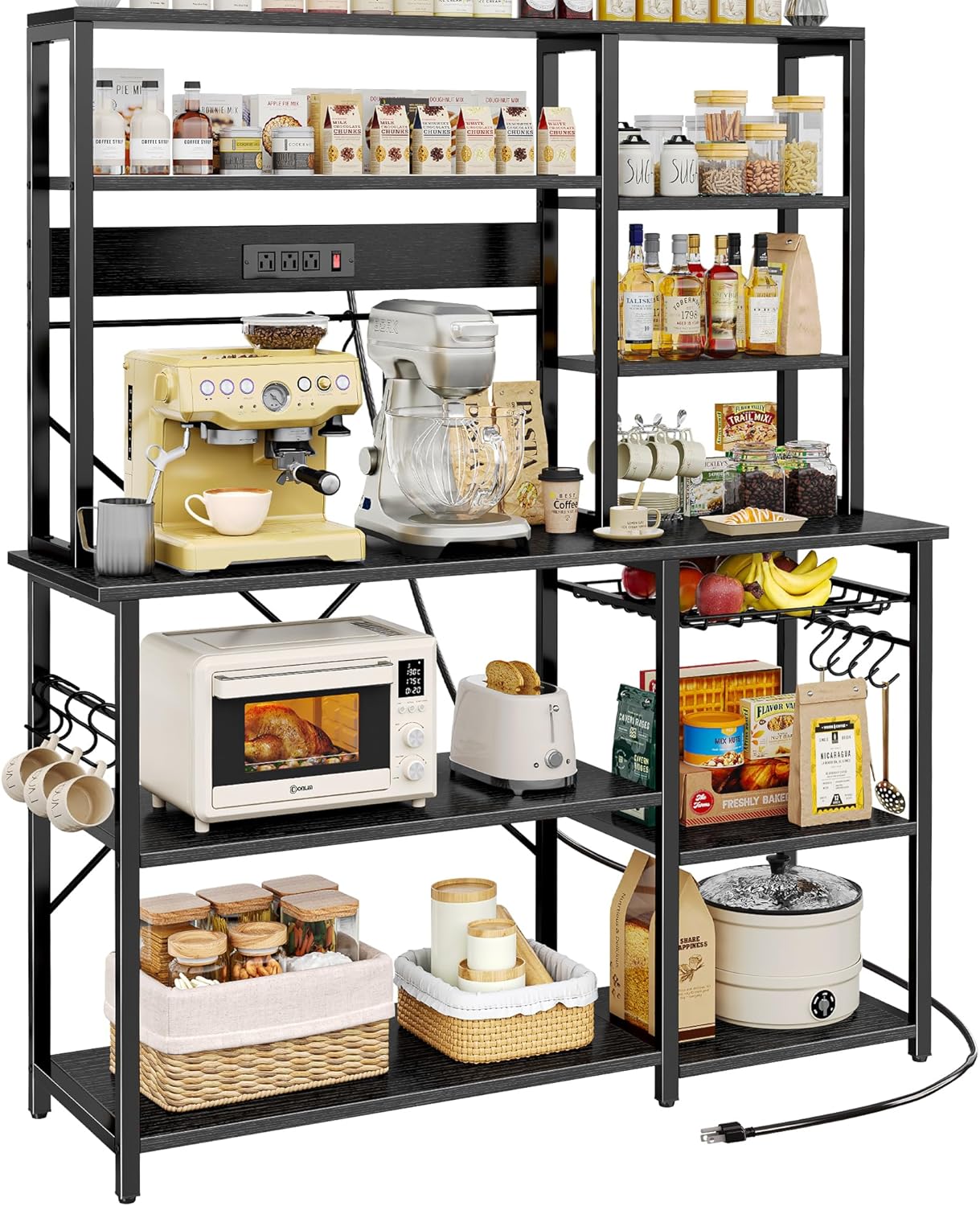 SUPERJARE Larger Bakers Rack with Power Outlets, 6-Tier Microwave Stand, Coffee Bar with 12 S-Shaped Hooks, Kitchen Shelf with Wire Basket, 47.2 x 15.5x 66.9 Inches, Black