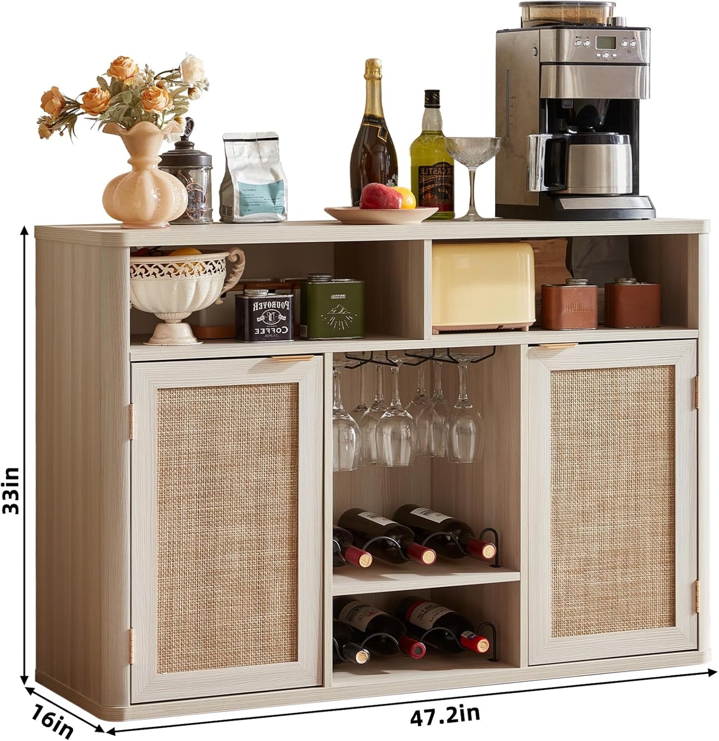 Lerliuo 47.2" Rattan Wine & Liquor Cabinet with 2 Doors, Boho Farmhouse Coffee Bar Station, Built-in Wine Racks & Storage, Adjustable Shelves for Living Room, Dining Room, Kitchen, Grey White