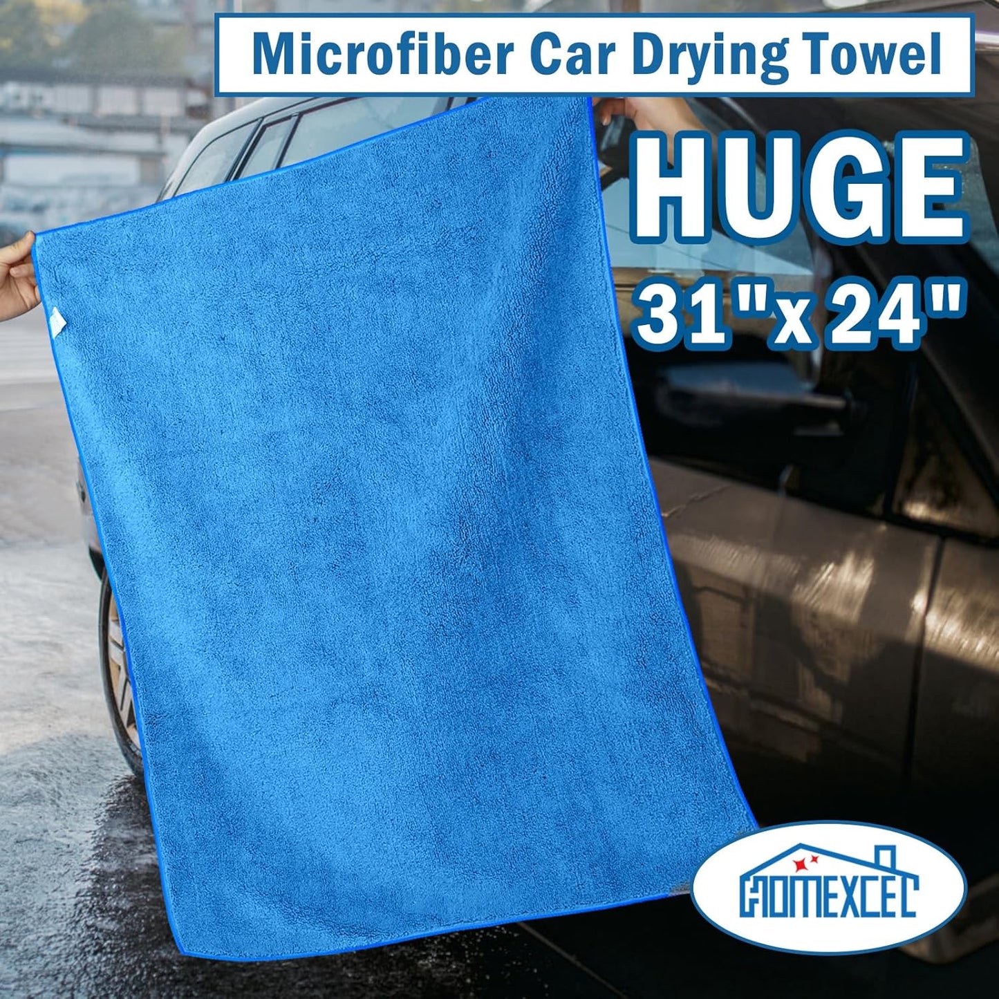 HOMEXCEL Professional Large Microfiber Car Drying Towels 2 Pack, Lint Free, Scratch Free, Highly Absorbent Drying Towel for Cars, SUVs, RVs, Trucks, and Boats,31" x 24",Blue