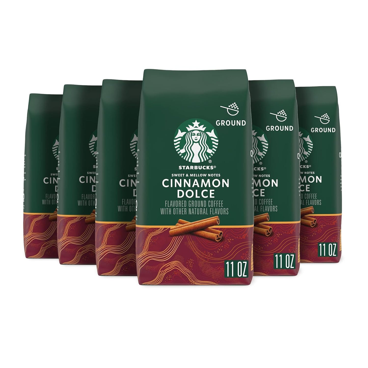 Starbucks Ground Coffee, Cinnamon Dolce Flavored Coffee, Naturally Flavored, 100% Arabica, 6 bags (11 oz each)