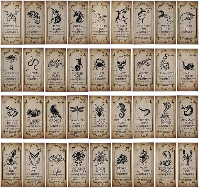 KIMOBER 144PCS Halloween Bottle Labels, Assoeted Vintage Laminated Animal Apothecary Potion Bottles Stickers for Halloween Party Supplies Photo Props