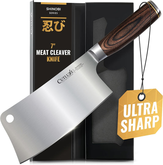 Cutluxe Meat Cleaver Knife – Ultra Sharp 7" Meat Cleaver, Butcher Knife, High Carbon Stainless Steel Blade, Full Tang Pakkawood Handle – Shinobi Series