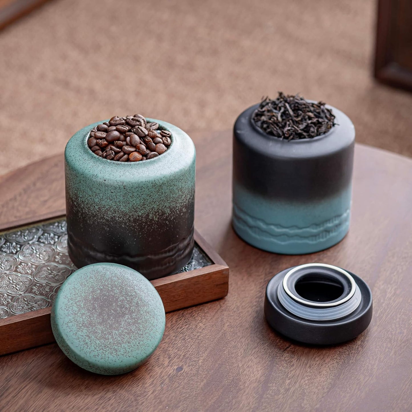 Tea Canister for Loose Tea with Airtight Lid, Kitchen Storage Containers, Ceramic Food Storage Jar, Ceramic Coffee Canister (Light Blue)