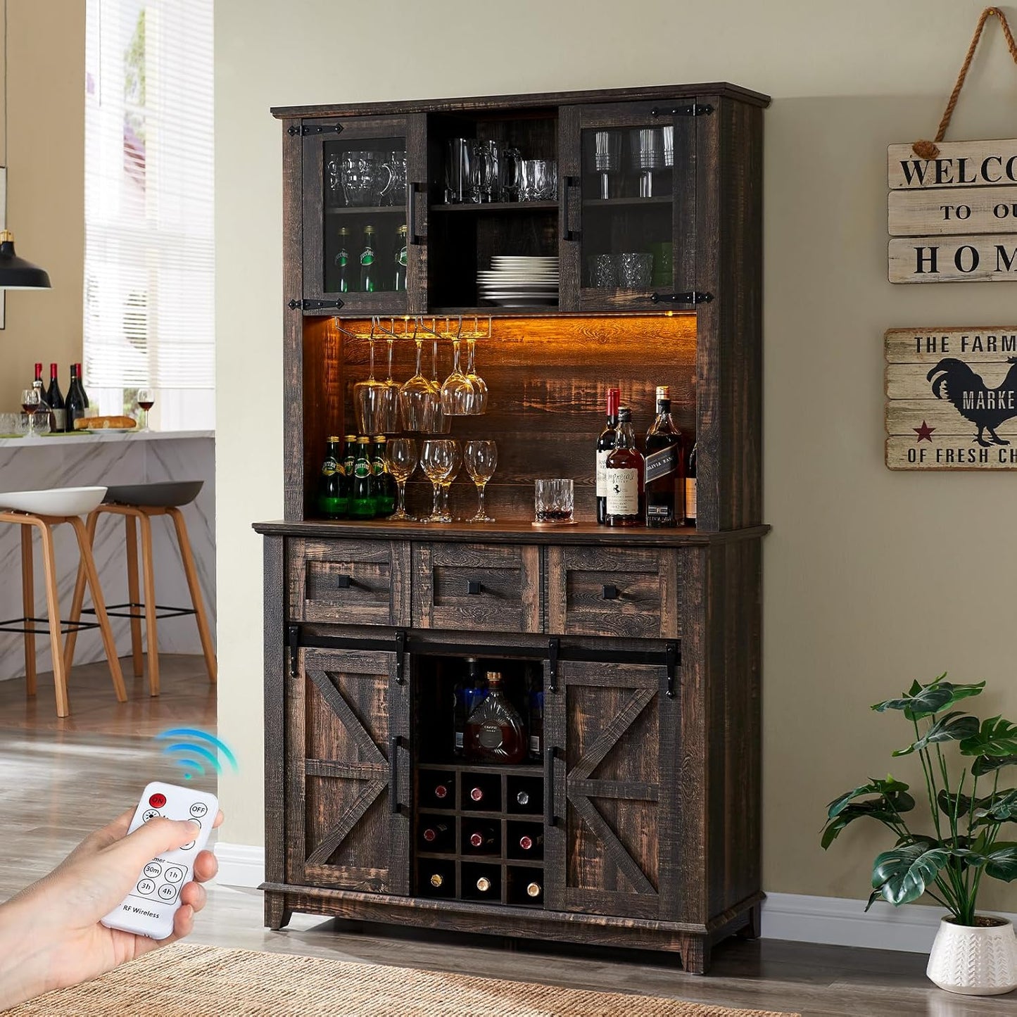 AMERLIFE 72'' Coffee Bar Wine Cabinet with Sliding Barn Door, Farmhouse Kitchen Sideboard, Buffet Storage Table, Wine Glass Racks, 3 Drawers, LED Lights, Tall Hutch Home Bar Dark Rustic Oak