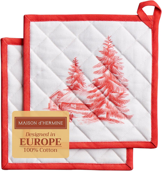 Maison d' Hermine Pot Holders Set 100% Cotton Heat Resistant Potholders 8" x 8" Hot Pads with Loop BBQ, Cooking, Baking, Grilling, Kitchen, Handling Hot Pans (Pack of 2, Winter Jouy)