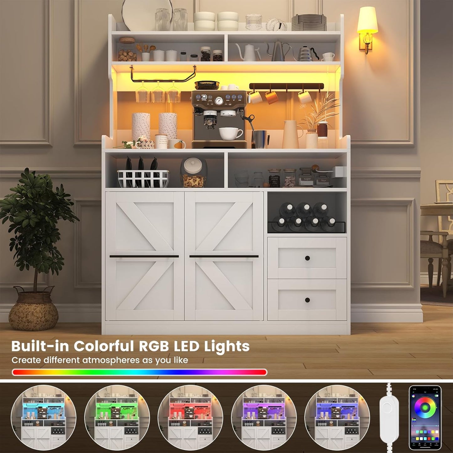 Hutch Storage Buffet Cabinet with Drawers, and Charging Station, Coffee Bar Cabinet with Barn Doors, Wine Rack and Hooks, White Wood Sideboard Buffet for Kitchen, Dining Room, 54.5" High