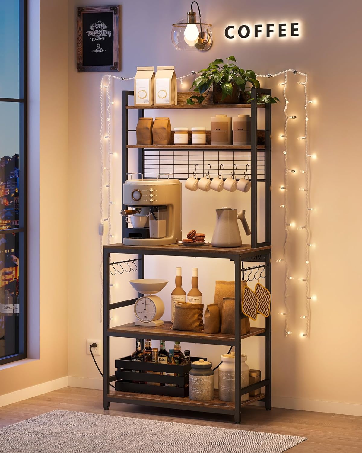 VASAGLE Hutch Bakers Rack with Power Outlet, 14 Hooks Microwave Stand, Adjustable Coffee Bar with Metal Wire Panel, Kitchen Storage Shelf, 15.7 x 31.5 x 66.9 Inches, Rustic Brown and Black UKKS025B01