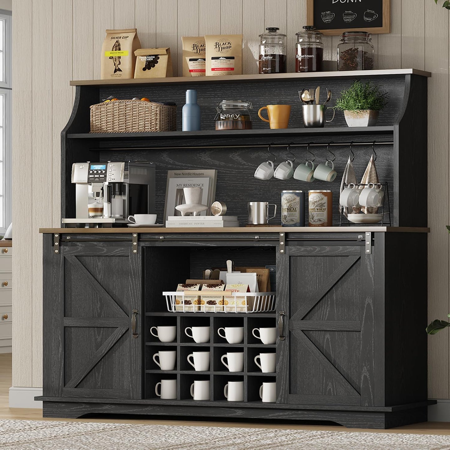 55 Inch Farmhouse Coffee Bar Cabinet with 3-Tier Storage, Kitchen Hutch with 12 Wine Racks & 3 Glass Holders, Coffee Bar with 6 Hooks, Wine Bar Cabinet for Dining Living Room, Black