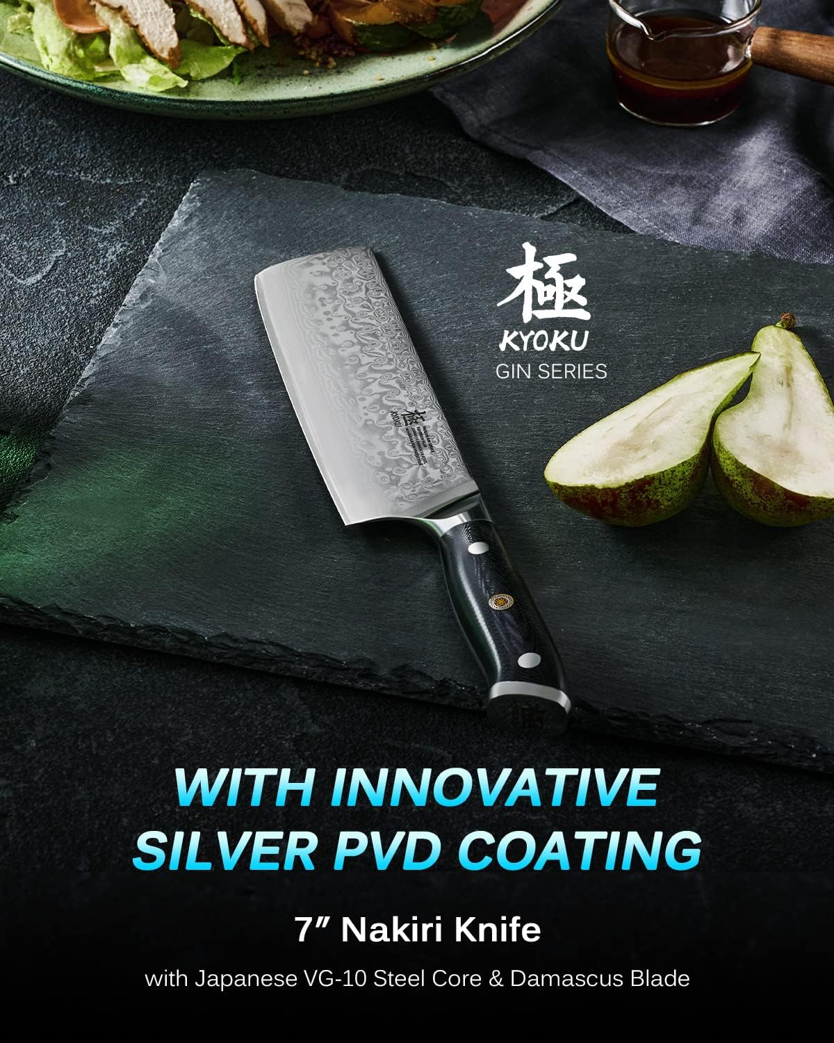 KYOKU Gin Series Nakiri Knife, 7" Vegetable Knife, Japanese VG10 Damascus Stainless Steel Kitchen Knife with Silver Ion Blade G10 Handle & Mosaic Pin, Professional Chef Knife for Veg Fruit Meat