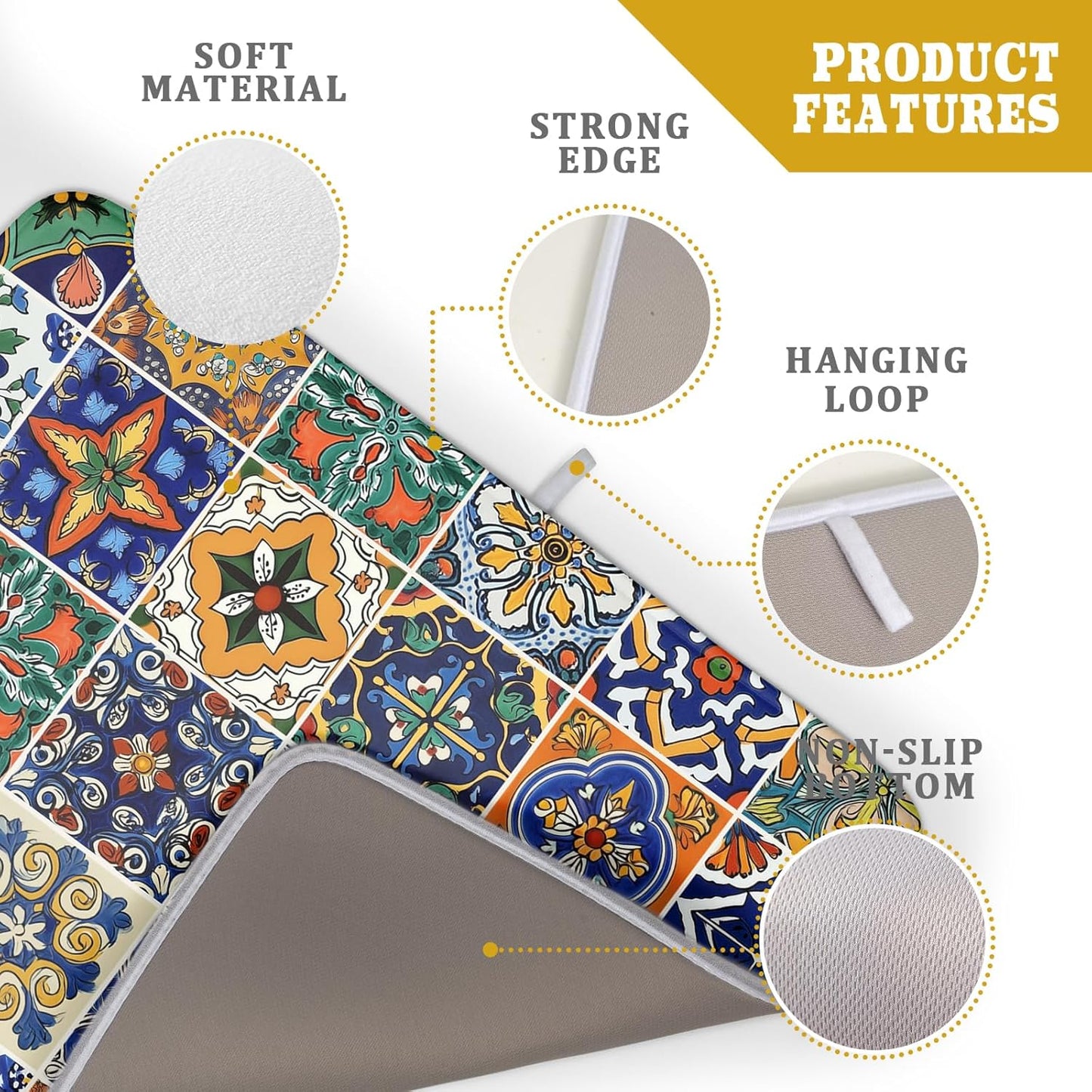 Talavera Mexican Tiles Dish Drying Mat for Kitchen Counter 16x18 Inch Mexican Flower Decorations Dish Draining Mat Mexican Tilt Fast Absorbent Tableware Dishes Pad for Coffee Bar Countertop