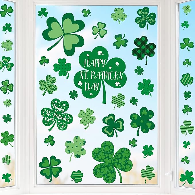 9 Sheets St Patricks Day Window Clings, 115 PCS St Patrick's Day Shamrock Window Stickers for St Patricks Day Decorations, Green Static Spring Window Clings for Glass Windows St Patricks Day Decor