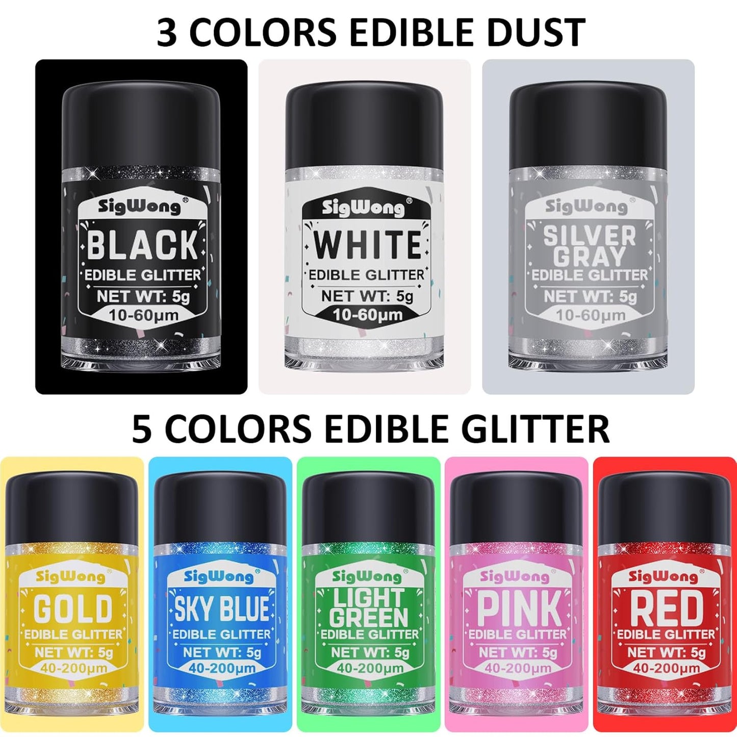 Edible Glitter - 8 Colors Luster Dust Edible Set for Drinks, Food Grade Edible Glitter Dust for Cake Decorating, Cocktail, Fondant, Strawberries, Candy, Cookie, Chocolate. Vegan and Gluten Free - 5g/bottle