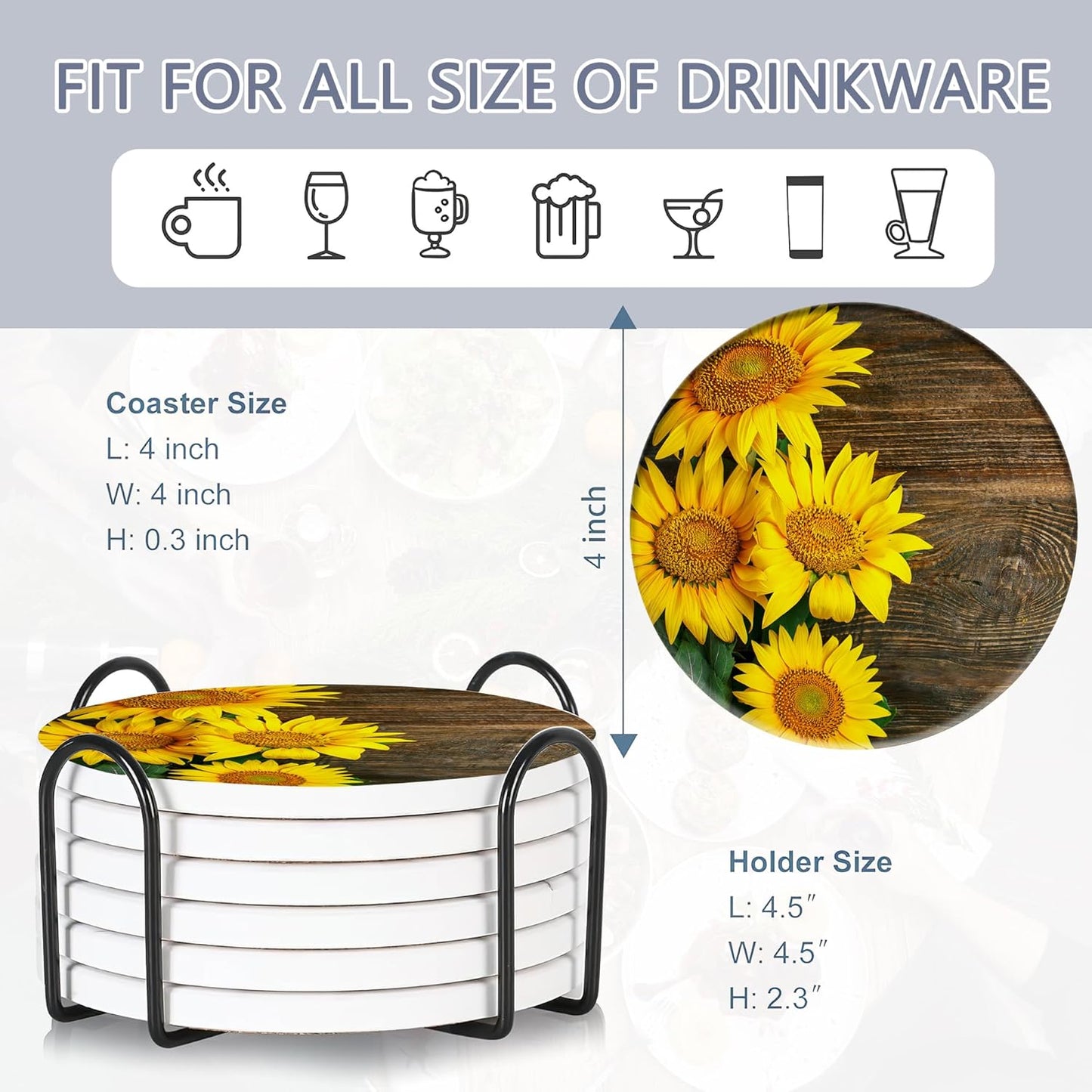 Table Coaster for Drinks Set of 6, Vintage Sunflower Wood Round Ceramic Coasters,with Cork Base and Metal Holder,Great Housewarming Birthday Gifts,Home Decor