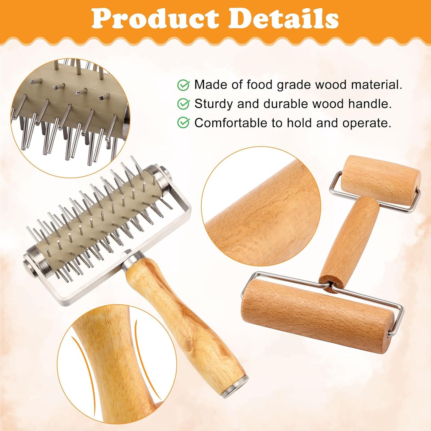 2Pcs Pizza Dough Roller & Dough Docker, Wood Rolling Pin Stainless Steel Dough Hole Puncher for Pizza, Pie, Pastry, Bread, Pasta, Cookie, Crust