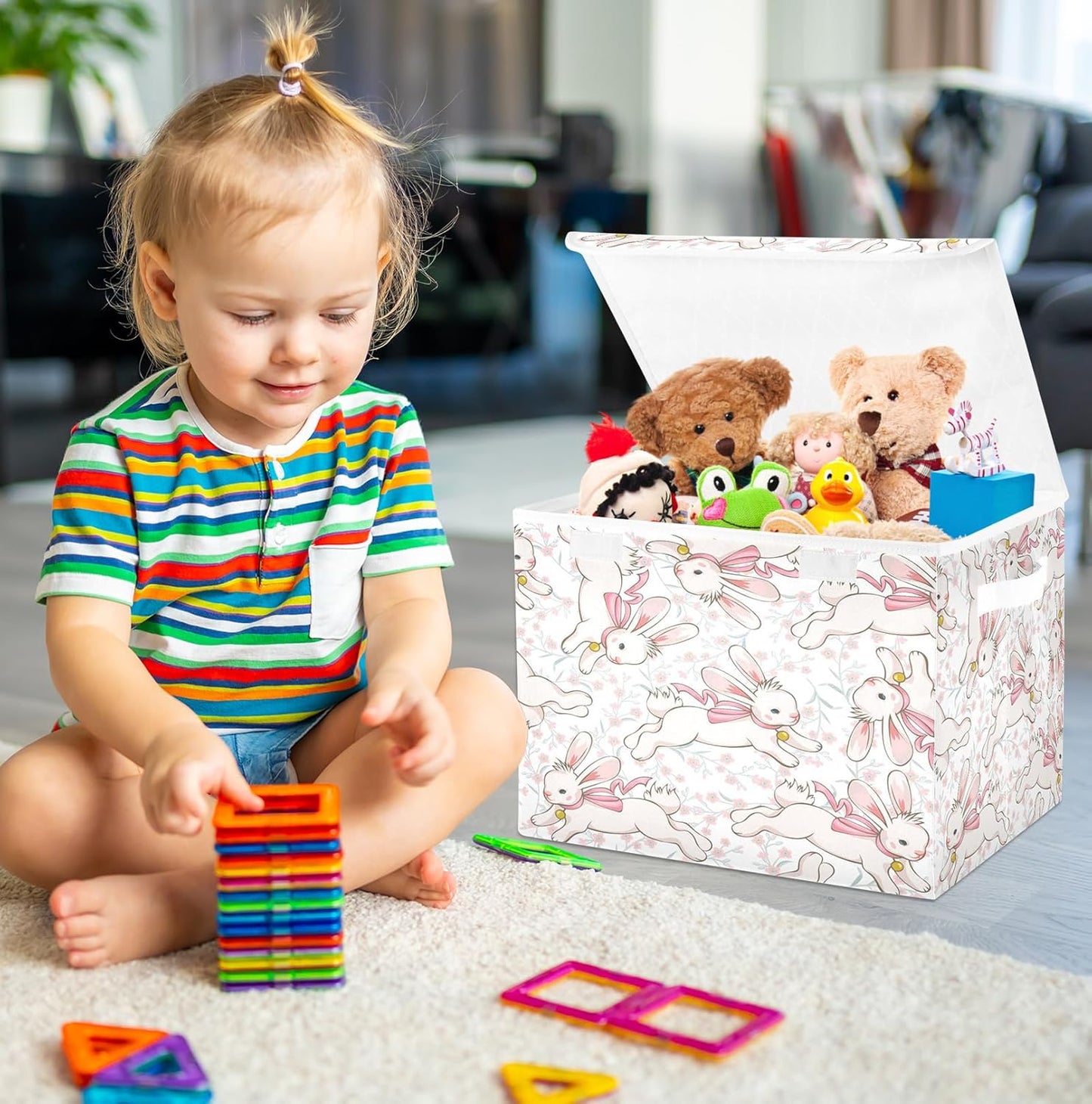 susiyo Cute Running Bunny fabric storage baskets with lids,Collapsible Storage Boxes,Foldable storage boxes with handles for Home,Office,Closet Organization