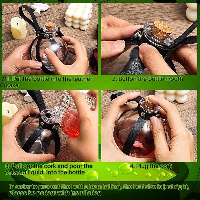 Patelai 6 Pcs Halloween Glass Potion Bottles with Belt Cork Renaissance Witch Costume Accessories Witch Props Potion Bottle for Halloween Party Decor Cosplay DIY Crafts Gift (Black)