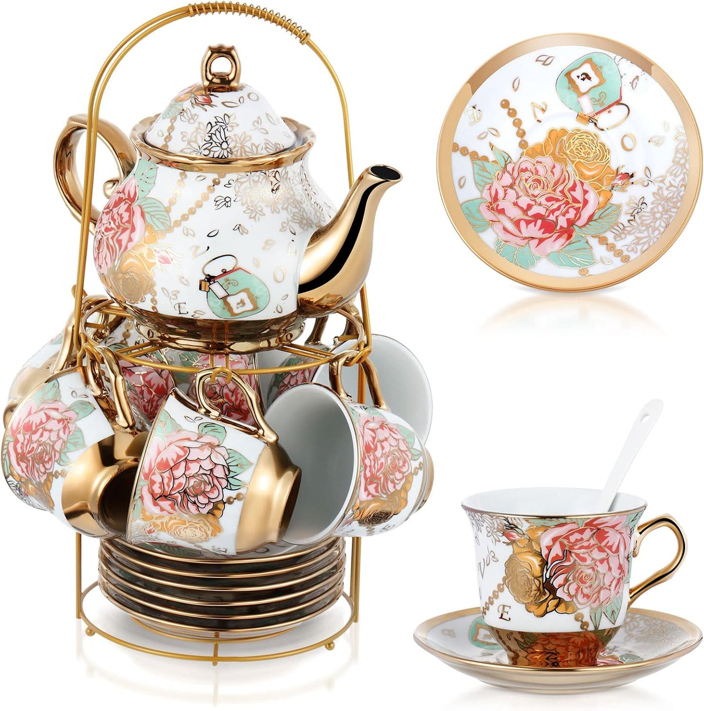 Zhehao 20 Pcs Porcelain Tea Set with Metal Holder and Spoon Adult Ceramic Tea Party Set European Flower Painting Teapot Cup Saucer Spoon Set for Women, Large Version(Bright Style)