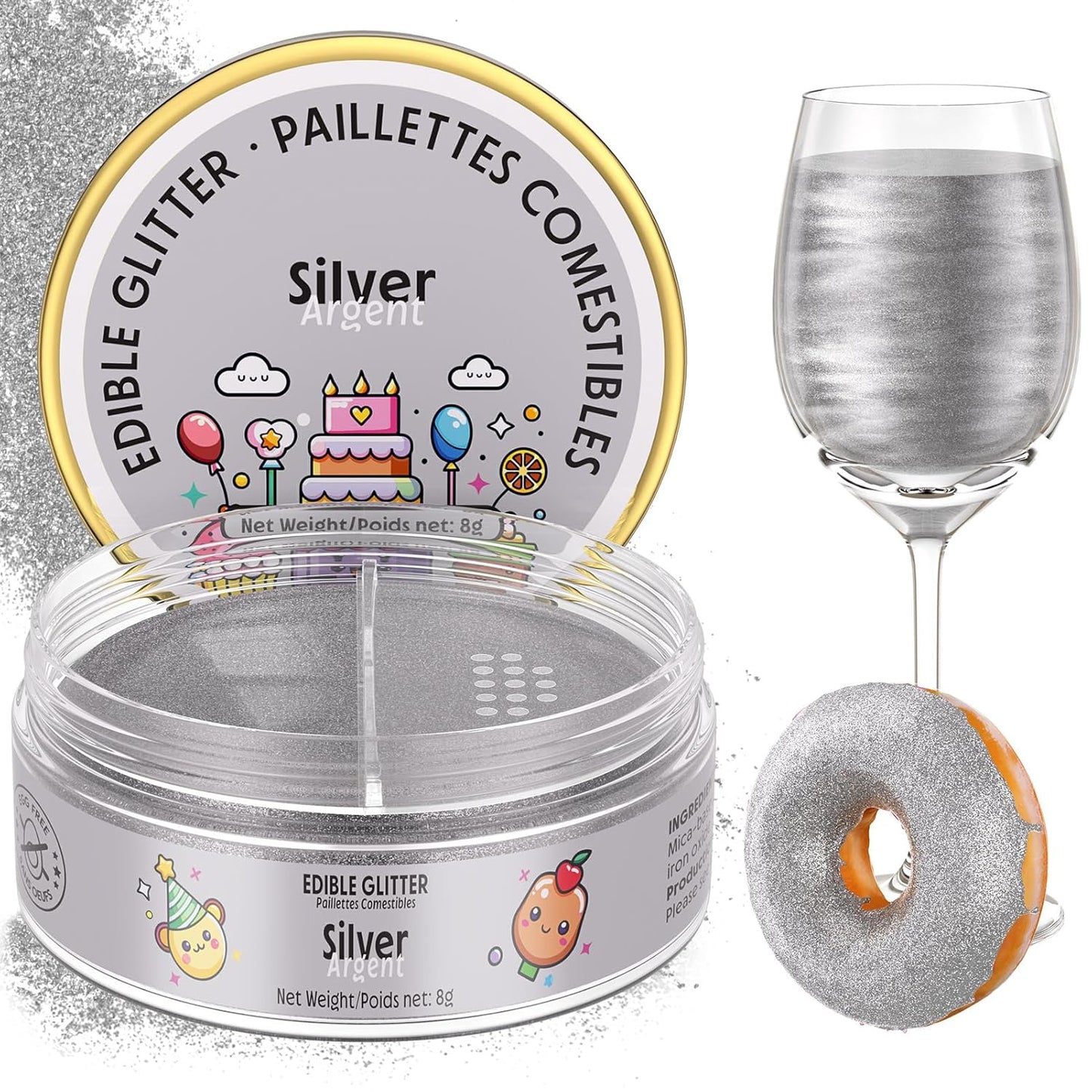 Nomeca Edible Glitter for Drinks Cakes, 8 grams Food Grade Luster Dust Sprinkles Glitter for Cake Decorations, DIY Cocktails, Beverages & Cake Decorating, Dessert Cake Topper (2-Silver)