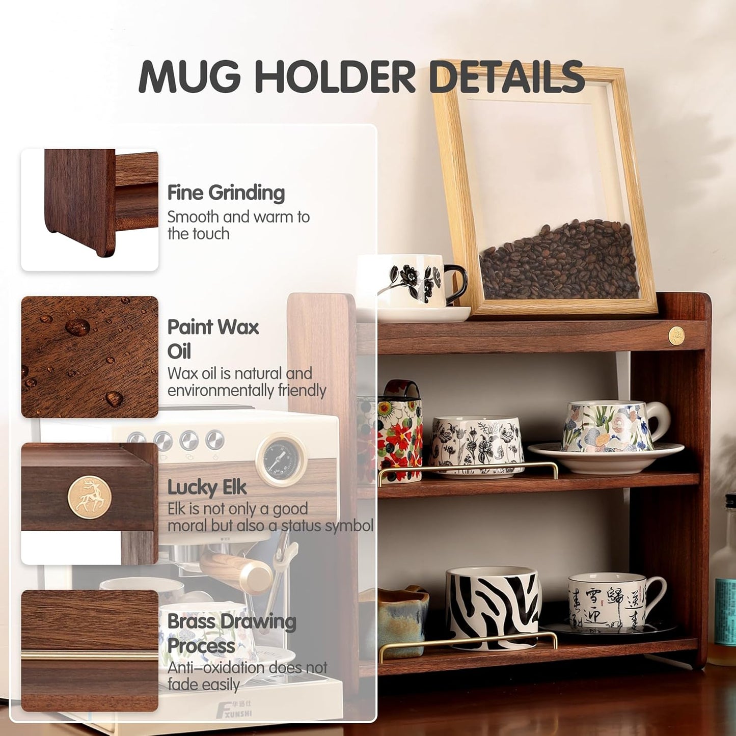 Coffee Mug Holder Wooden Cup Rack Mug Display Shelf Coffee Cup Holder for Countertop With 6 Mug Cups 3 Tier Wood Coffee Mugs Holder for Kitchen Coffee Cup Storage