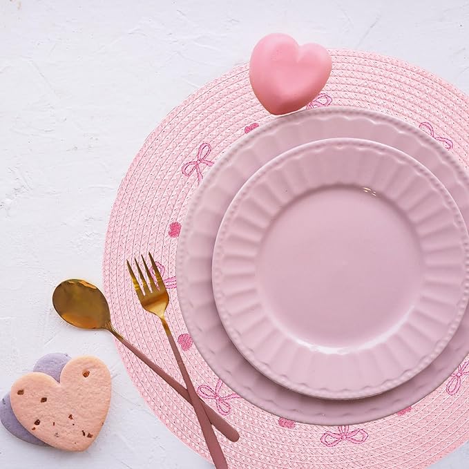 Whaline 4Pcs Round Placemats Pink Bow Embroidered Place Mats Coquette Bow Dinner Table Mats for Home Wedding Baby Shower Birthday Party Decor
