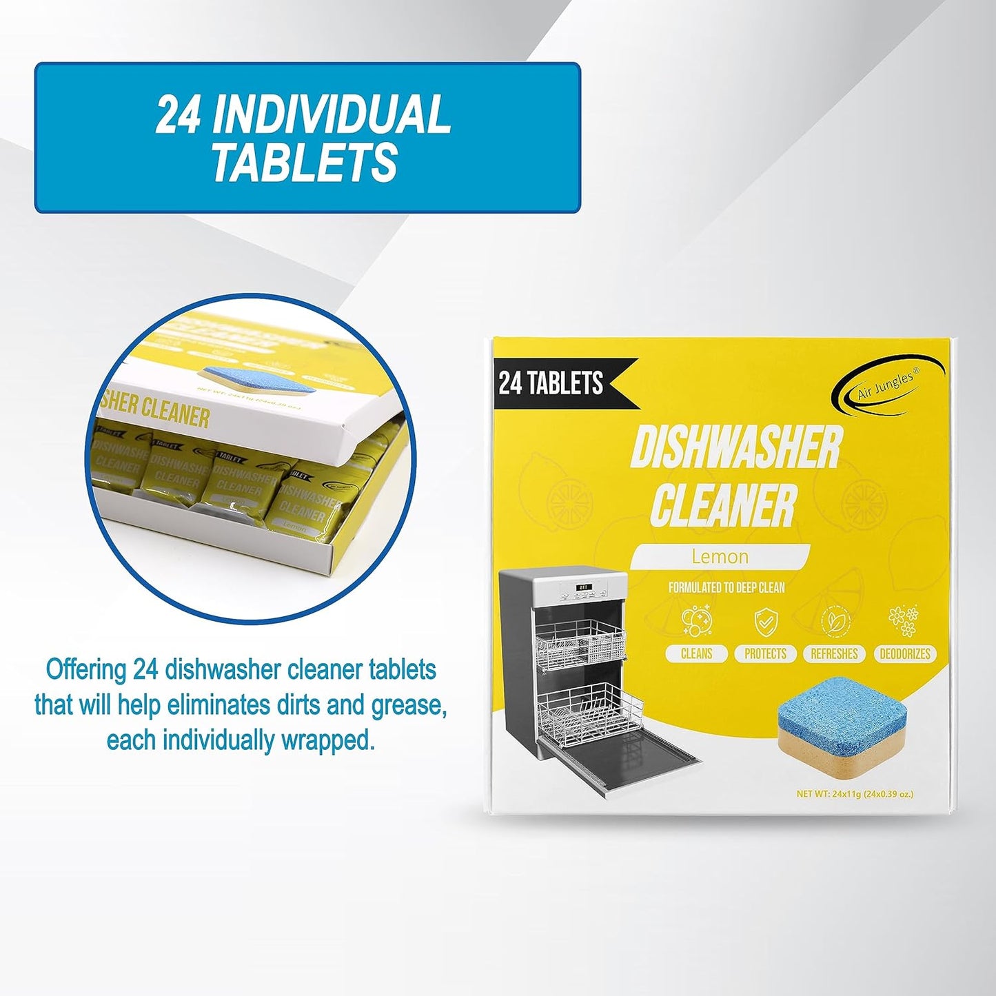 Air Jungles Dishwasher Cleaner Tablets 24 Count, Lemon Scent, Deep Cleaning Descaler, Formulated To Clean Dishwasher Machine, Remove Odor, Hard Water, Calcium, Bad Smell, 12 Month Supply