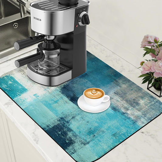 Teal and Grey Abstract Art Dish Drying Mat for Kitchen Counter Hide Stain Absorbent Coffee Mat Rubber Backed Drying Rack Pad Espresso Machine Coffee Bar Accessories 15.7 x 23.6 Inch