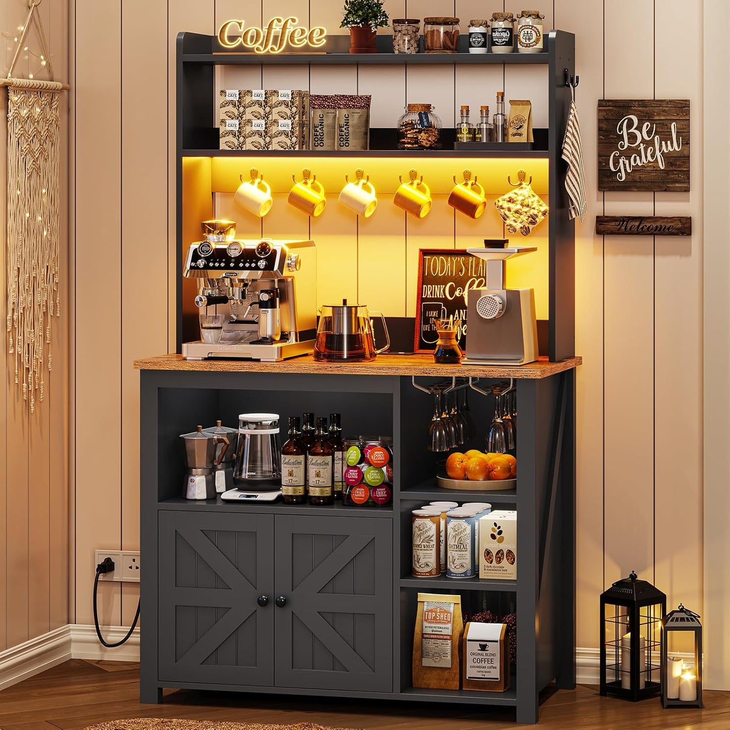 Itaar 35.4 inch Coffee Bar Cabinet, Bakers Rack with Power Outlet and Storage, Farmhouse Microwave Stand Kitchen Cabinet with Hutch, LED Lights, Wine Glass Holder and 8 Hooks, Black