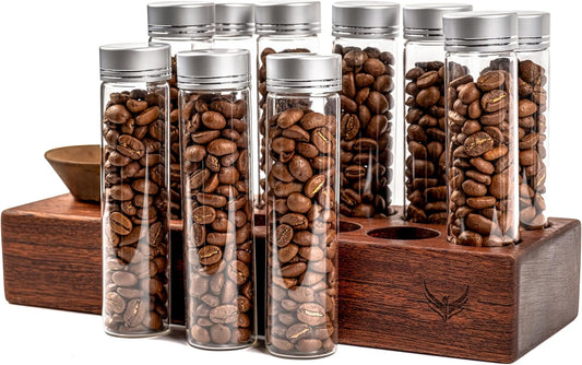 Single Dose Coffee Bean Storage Tubes Coffee Bean Cellar 10 Pcs Dosing Glass Vials With Lids (2 Oz) Wooden Display Stand And Funnel