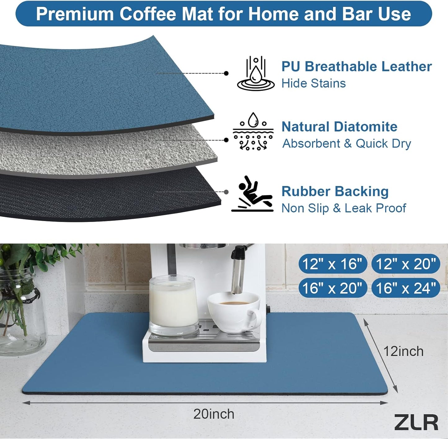 ZLR Coffee Mat - 12" x 20" Middle Kitchen Hide Stain Absorbent Dish Drying Mat for Countertop - Easy to Clean Coffee Bar Mat for Espresso Machine and Spill Protection - Navy Blue