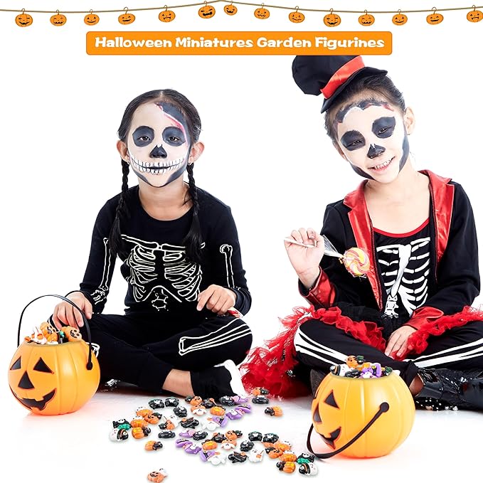 65 Pcs Mini Halloween Figurines Bulk Miniatures Resin Pumpkin Ghost Candy Hat Halloween Garden DIY Accessories for Halloween Decoration Goodie Bags Stuffers, 10 Styles