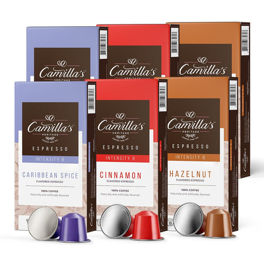 Camilla’s Heritage - Intensity 8 Flavored Espresso Coffee Spiced Variety Pack (Caribbean Spice, Cinnamon & Hazelnut Espresso Cups) 60 Coffee Pods
