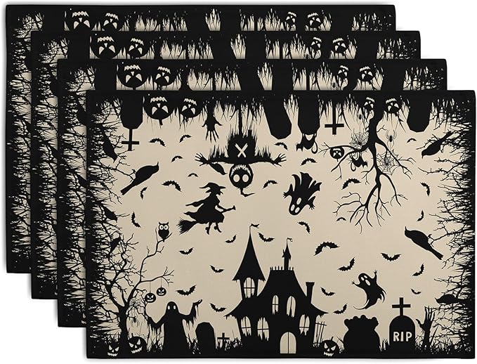 Halloween Placemats 12x18 Inch Set of 4 Black White Witch Castle Ghost Place Mats Spooky Haunted House Bats Tree Crow Table Mat for Party Kitchen Dining Outdoor Indoor Decor