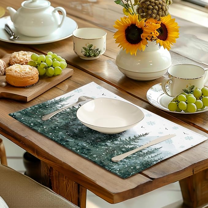 Winter Pine Tree Snowflake Placemats Set of 4 Christmas Snow Green Forest Place Mat 12x18 Inch Seasonal Xmas Holiday Rustic Nature Washable Fabric Table Mats for Farmhouse Kitchen Dining Decoration