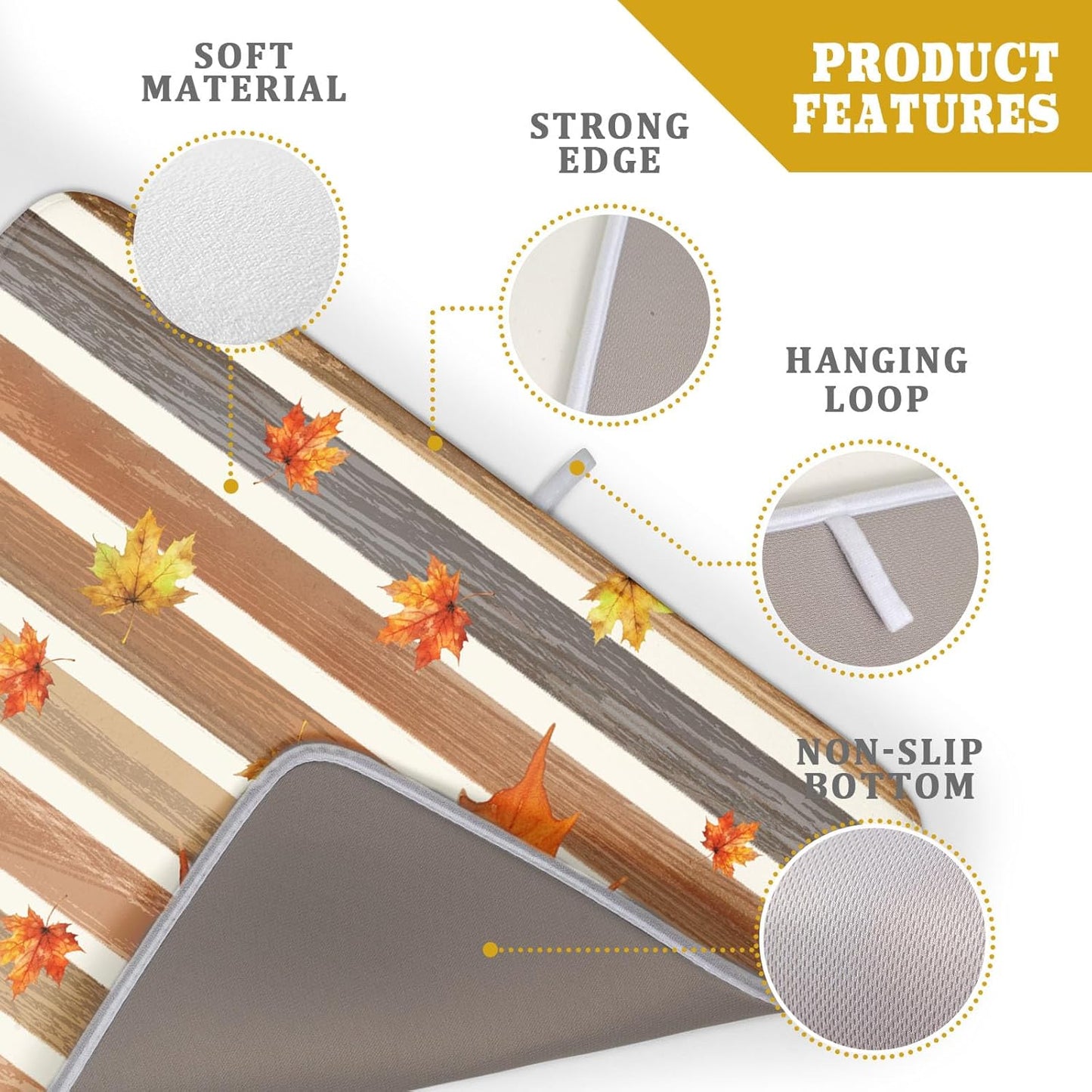 Autumn Golden Maple Leaf Dish Drying Mat for Kitchen Counter,Rural Wood Light Brown Stripes Drying Mat 18 x 24 Inch Microfiber Dish Drying Pad Dish Rack Drainer Mat for Coffee Bar