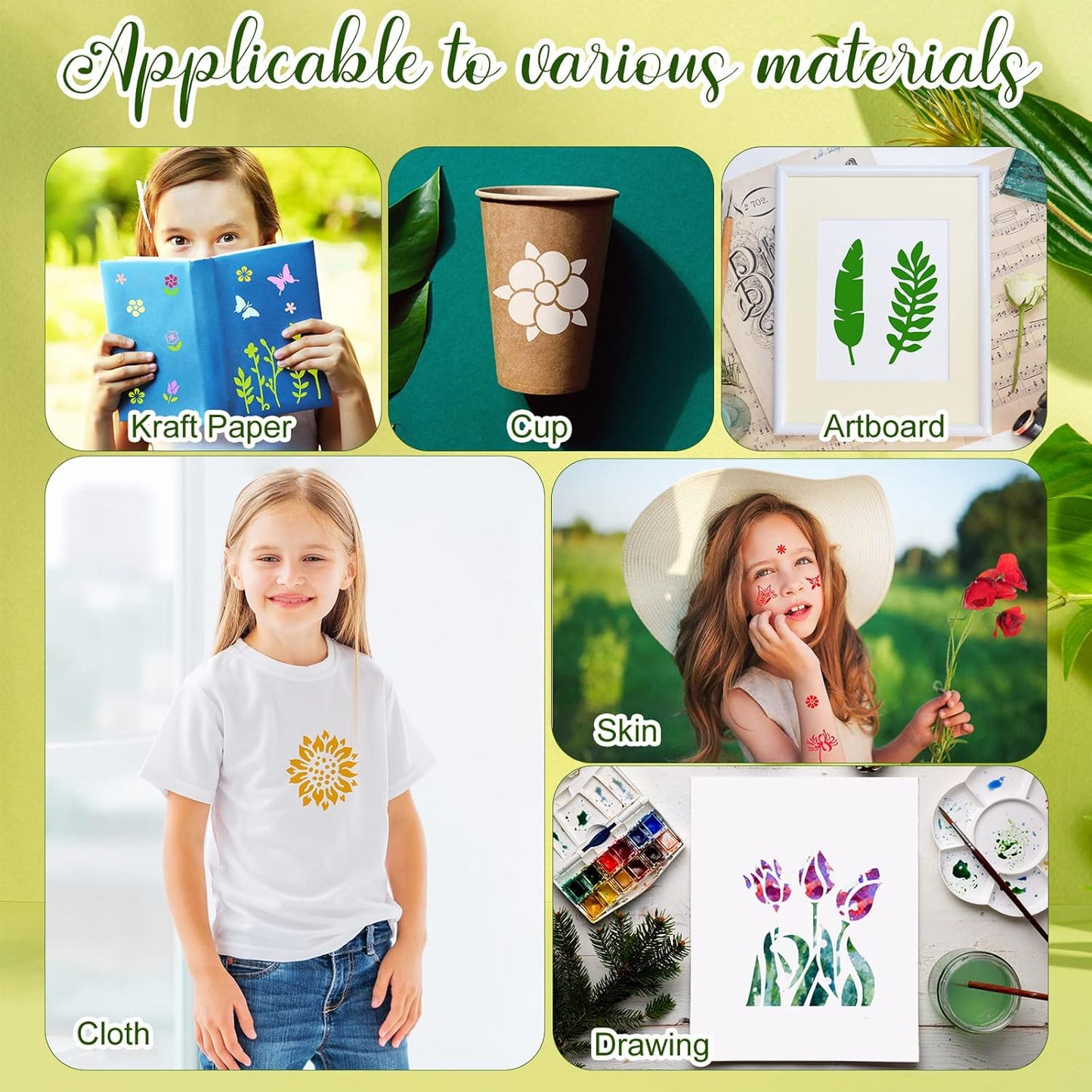 100 Pcs Stencils for Painting on Wood Reusable Stencil Crafts Drawing Templates Holiday Wall Paper for DIY Scrapbook Home 2 x 2 Inch(Flower, Plants)