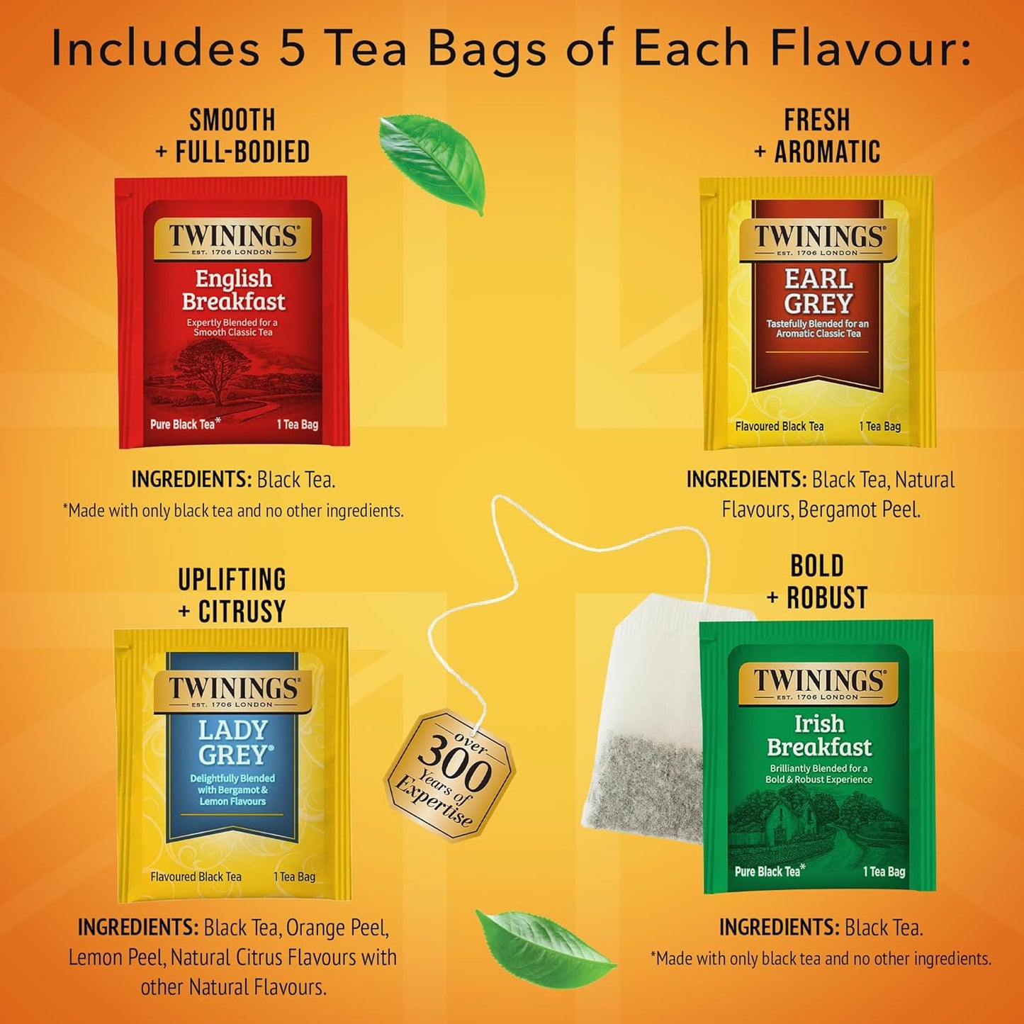 Twinings Variety Pack Black Tea Bags, 20 Count (Pack of 1), Includes English Breakfast, Earl Grey, Irish Breakfast, and Lady Grey, Caffeinated, Enjoy Hot or Iced, 20 Teabags