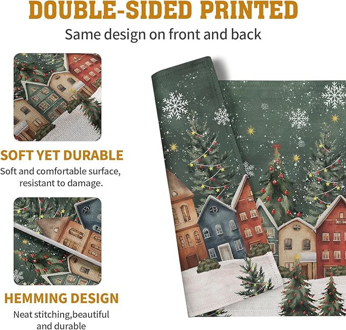Christmas Placemats 12x18 Inch Set of 4, Winter Xmas Tree Wonderland Forest Village Town House Snowflake Linen Table Mats Washable Place Mats for Party Kitchen Dining Outdoor Indoor Decor