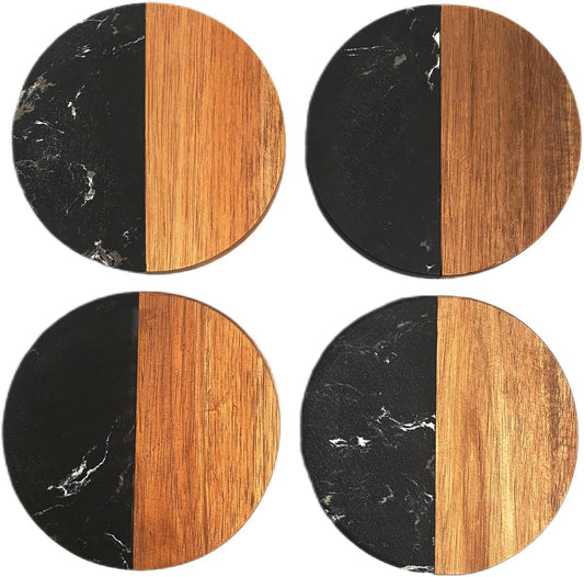 I-LAN Set of 4 Round Natural Wood and Marbel Drink Coasters for Coffee Wooden Table, Drink Bar Coaster Set/Tea Table Coasters for Living Room,Beer Cans,Bar Glasses,4 x 4 Inch